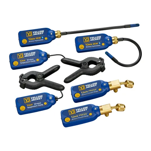 Bộ đầu đo nạp gas và không khí không dây Yellow Jacket 67073 YJack gồm 2 đầu đo áp suất, 2 kẹp nhiệt và 2 đầu đo ẩm