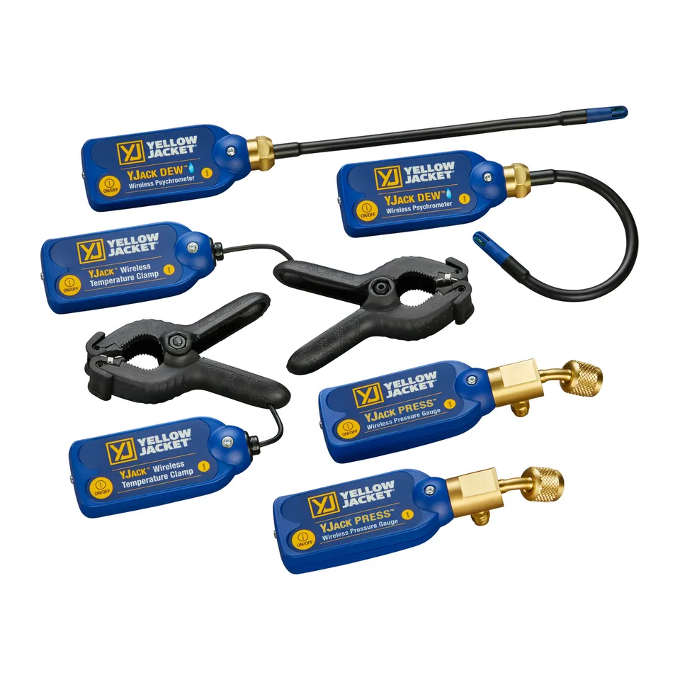Bộ đầu đo nạp gas và không khí không dây Yellow Jacket 67073 YJack gồm 2 đầu đo áp suất, 2 kẹp nhiệt và 2 đầu đo ẩm
