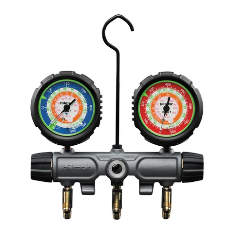 Bộ đồng hồ nạp gas 2 van thân nhôm Hilmor cho R22, R404A, R410A, đồng hồ cơ 3-1/8" (psi, °F)