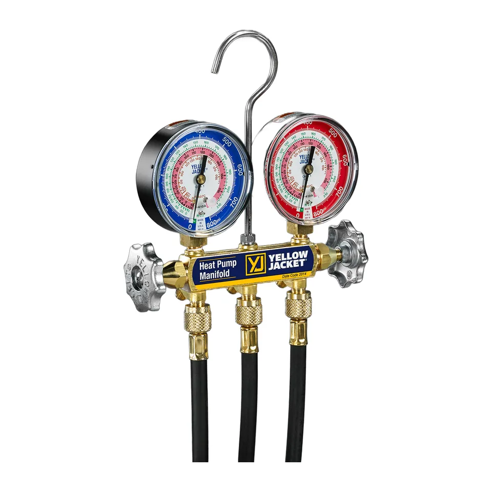 Bộ đồng hồ nạp gas bơm nhiệt 3 van Yellow Jacket 42044 cho R22, R407C, R410A kèm dây nạp đen 1/4"