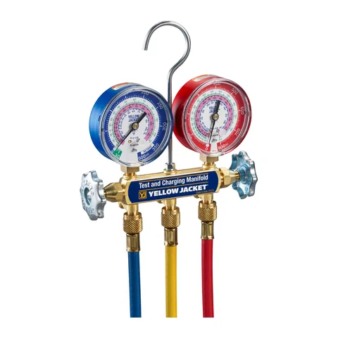 Bộ đồng hồ nạp gas cơ 2 van Yellow Jacket 42715 Series 41 mặt 2-1/2" cho R-410A và R-32 kèm dây nạp PLUS II 60" van bi
