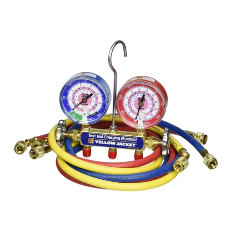 Bộ đồng hồ nạp gas cơ A2L Yellow Jacket 42024 Series 41 mặt 3-1/8" cho R-32 và R-410A kèm dây nạp PLUS II 60"