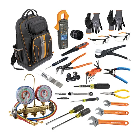 Bộ dụng cụ khởi đầu cho thợ HVAC gồm đồng hồ nạp gas JB và dụng cụ Klein Tools