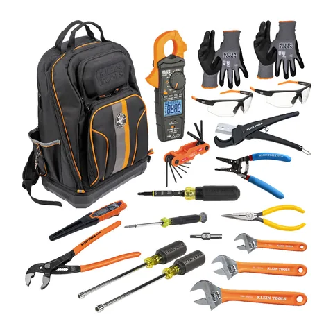 Bộ dụng cụ khởi đầu Klein Tools gồm ampe kìm CL445, kìm, tuýp vặn, lục giác và ba lô