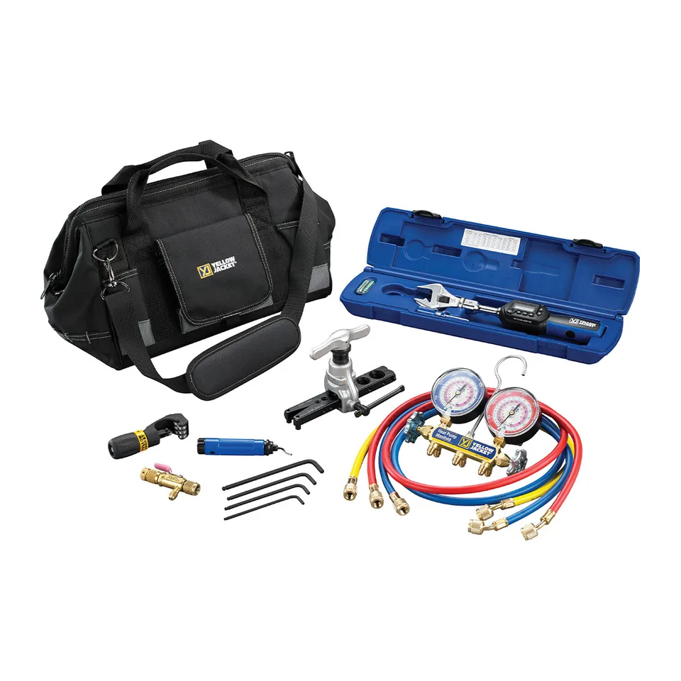 Bộ dụng cụ lắp mini-split Yellow Jacket 60993 gồm cờ lê lực điện tử, đồng hồ nạp gas, dây nạp, dụng cụ loe ống