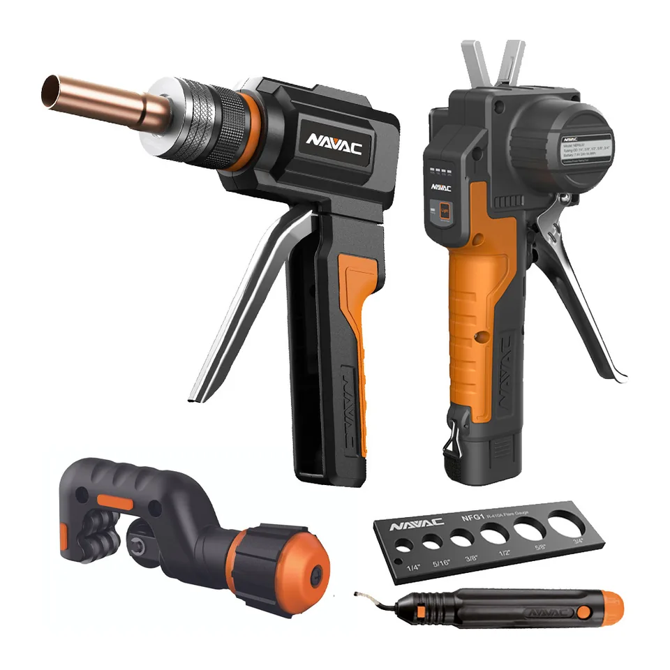 Bộ dụng cụ loe và nong ống NAVAC NCTTK gồm máy loe pin NEF6L2, máy nong thuỷ lực NTE11H2, thước loe, dao cắt ống