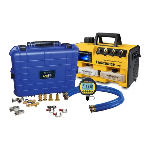 Bộ hút chân không nhanh với bơm Fieldpiece VP87, bộ dây TruBlu Advanced và đồng hồ BluVac+ Pro