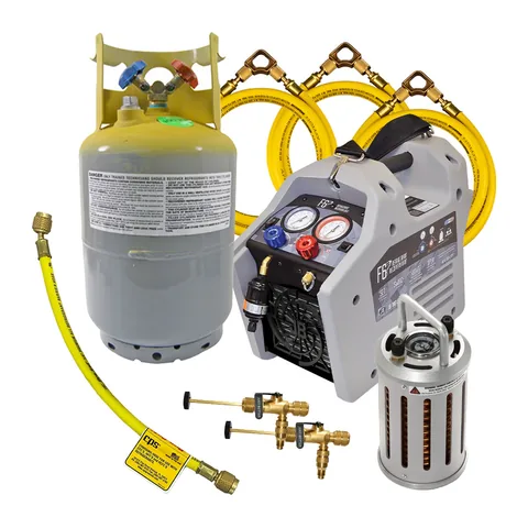 Bộ thu hồi gas nhanh JB Industries cấp trung gồm máy thu hồi F6-DP, bộ làm mát MT69 và phụ kiện