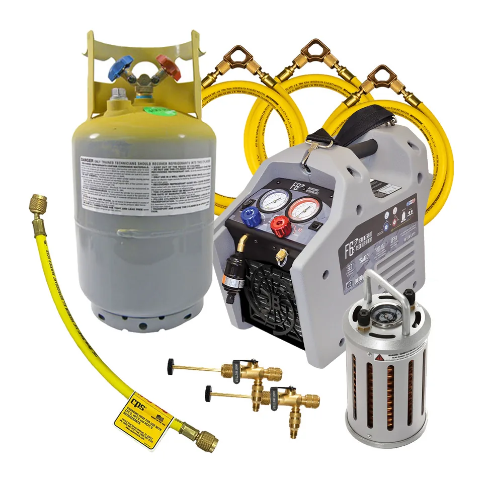 Bộ thu hồi gas nhanh JB Industries cấp trung gồm máy thu hồi F6-DP, bộ làm mát MT69 và phụ kiện