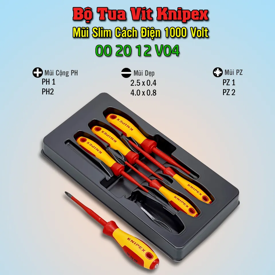 Bộ Tua Vít 6 Chiếc Knipex 00 20 12 V04 VDE Mũi Dẹp Slotted / Bốn Cạnh Phillips / Mũi PZ