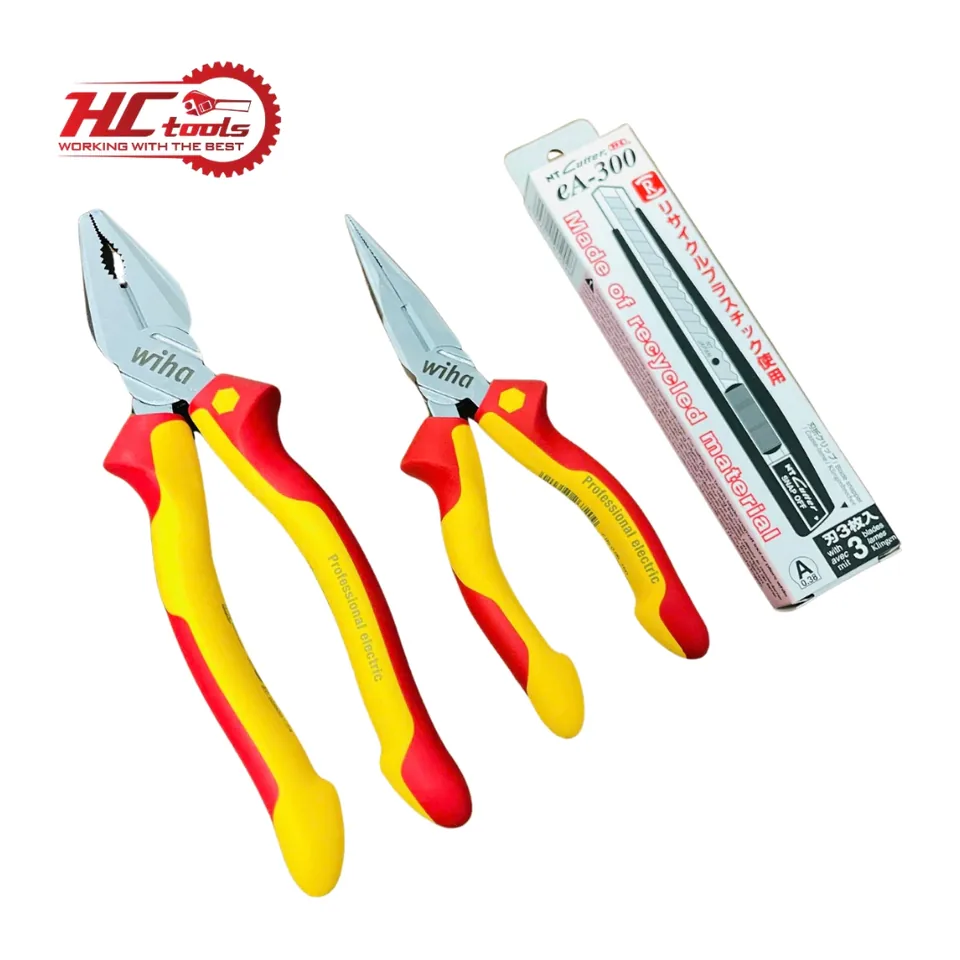 Combo001 Kìm Wiha và Dao rọc giấy NT Cutter (Bằng 20cm 26711, Nhọn 16cm 26720, Rọc giấy ea-300)
