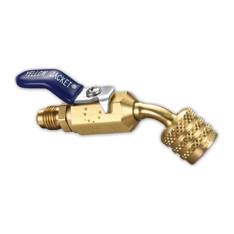 Đầu chuyển dây nạp gas van bi 1/4" Yellow Jacket 93867 cho bình A2L ren trái, cái ren trái sang đực ren phải, xiên 45°