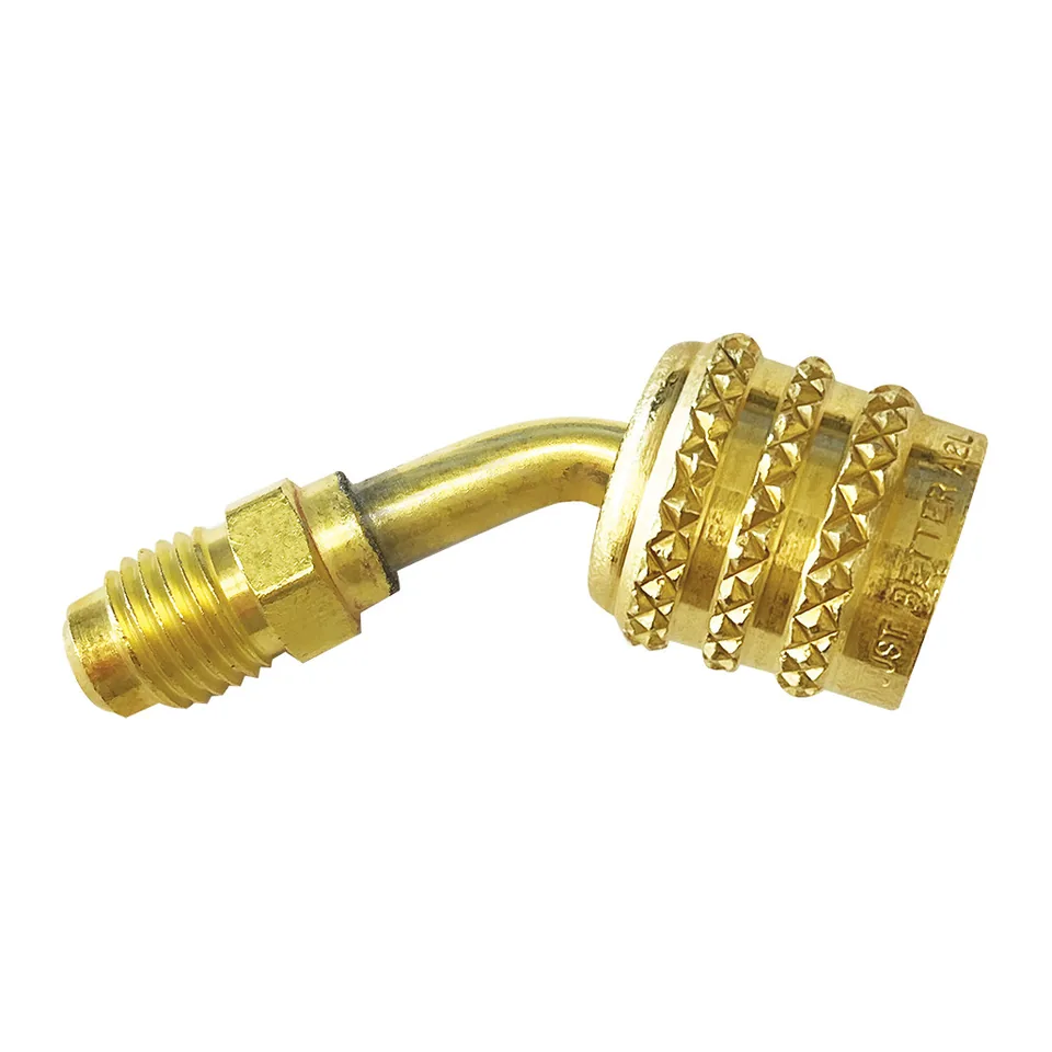 Đầu nối ren ngược JB Industries QC-A2L-LH45 cho gas A2L, 1/4" ren trái x loe đực 1/4", đầu cong 45 độ