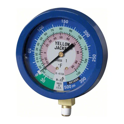 Đồng hồ áp thấp (xanh) 3-1/2" chứa glycerin Yellow Jacket 49516 dải 30"-0-300 psi, °F cho R-22 và R-410A
