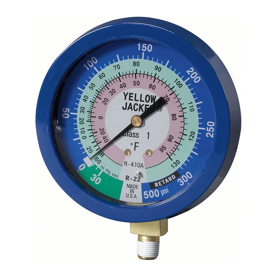 Đồng hồ áp thấp (xanh) 3-1/2" chứa glycerin Yellow Jacket 49516 dải 30"-0-300 psi, °F cho R-22 và R-410A