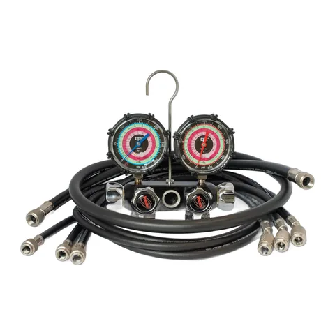 Đồng hồ nạp gas 4 van A2L CPS BlackMax MV4A4P5AZ 3-1/8" cho R-454B, R-32, R-410A kèm 3 dây AB 5 ft và dây hút 3/8"