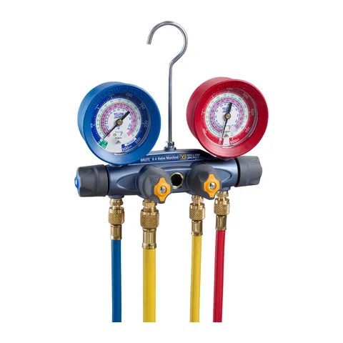Đồng hồ nạp gas 4 van A2L Yellow Jacket 46015 Brute II cho R32, R454B, R410A kèm dây van bi 1/4" và dây nạp 3/8"