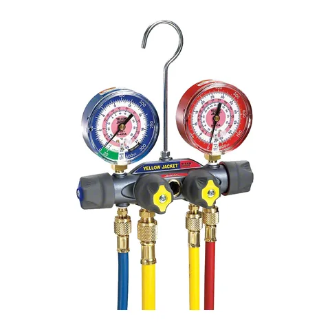Đồng hồ nạp gas 4 van A2L Yellow Jacket 49960 TITAN mặt 3-1/8" cho R-32, R-410A kèm dây van bi 60" và dây 3/8"