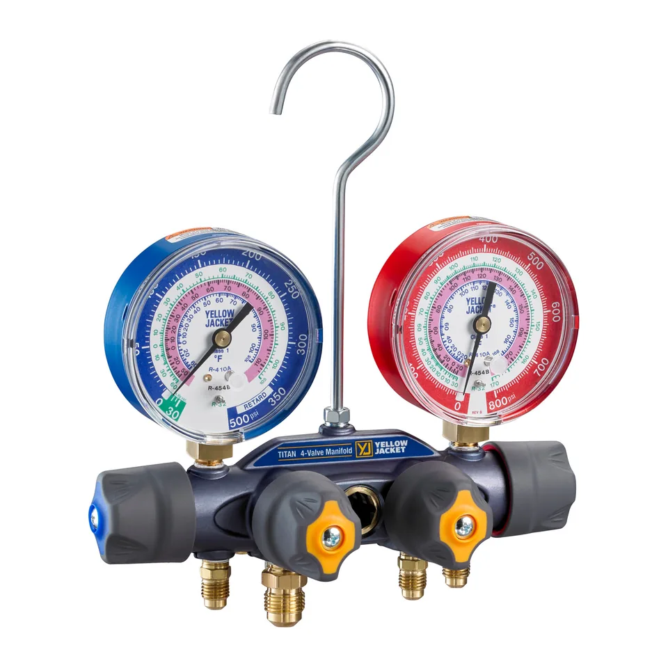 Đồng hồ nạp gas 4 van A2L Yellow Jacket 49974 Titan cho R32, R454B, R410A (không kèm dây)