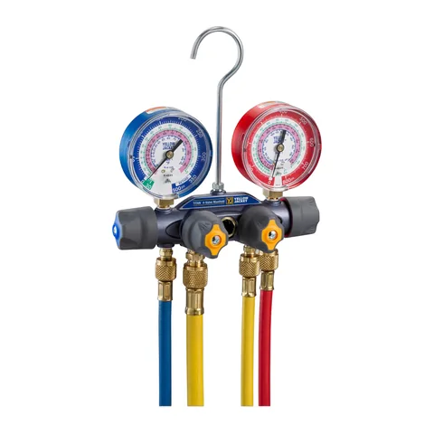 Đồng hồ nạp gas 4 van A2L Yellow Jacket 49975 Titan cho R32, R454B, R410A kèm dây van bi 1/4" và dây nạp 3/8"