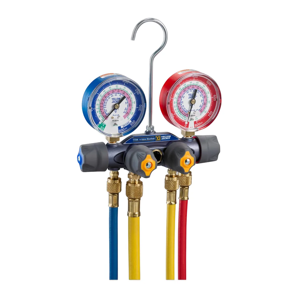 Đồng hồ nạp gas 4 van A2L Yellow Jacket 49975 Titan cho R32, R454B, R410A kèm dây van bi 1/4" và dây nạp 3/8"