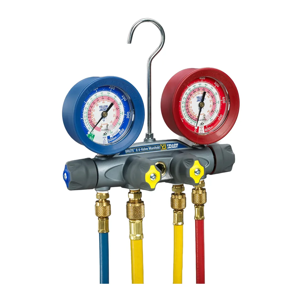 Đồng hồ nạp gas 4 van Yellow Jacket 46013 Brute II cho R410A, R404A, R22 kèm dây van bi 1/4" và dây nạp 3/8"