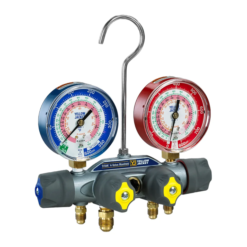 Đồng hồ nạp gas 4 van Yellow Jacket 49963 TITAN mặt 3-1/8" (psi, °F) cho R-22, R-404A, R-410A (không kèm dây)