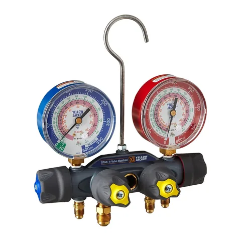 Đồng hồ nạp gas 4 van Yellow Jacket 49983 TITAN mặt 3-1/8" (psi, °F) cho R-22, R-134a, R-404A (không kèm dây)