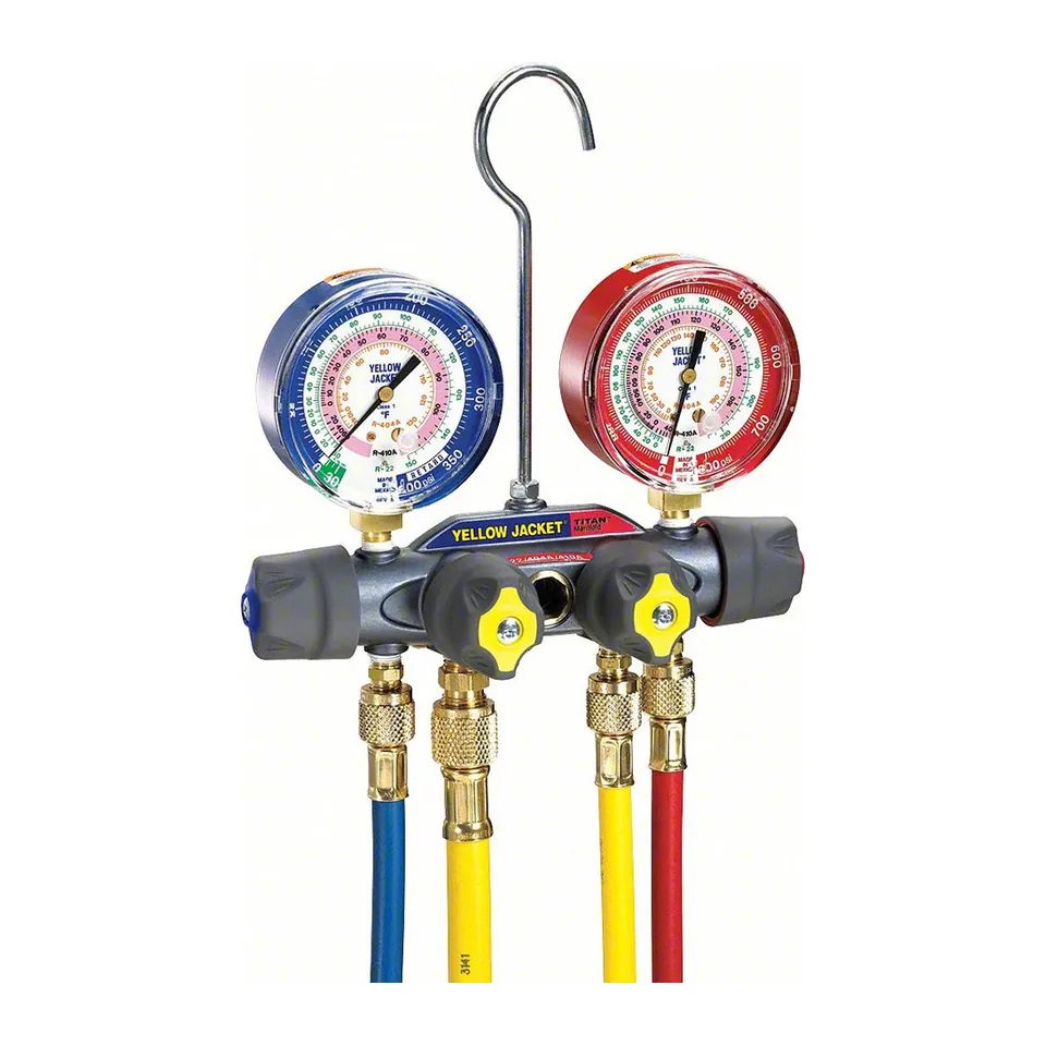 Đồng hồ nạp gas 4 van Yellow Jacket 49987 TITAN mặt 3-1/8" cho R-22, R-134a, R-404A kèm dây PLUS II 60" và dây 3/8"