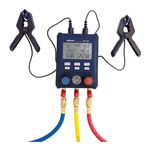 Đồng hồ nạp gas điện tử 2 van Wohler MR 400 kèm bộ dây nạp gas van bi, tương thích gas A2L