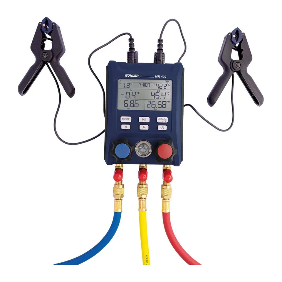 Đồng hồ nạp gas điện tử 2 van Wohler MR 400 kèm bộ dây nạp gas van bi, tương thích gas A2L