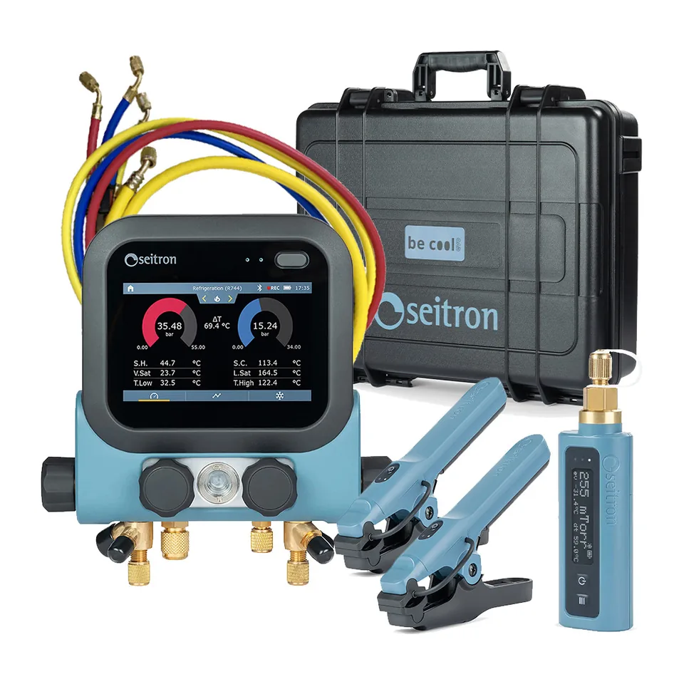 Đồng hồ nạp gas điện tử 4 cổng Seitron Be Cool Evo M4S bộ Smart kèm kẹp nhiệt, đồng hồ chân không, dây, hộp cứng