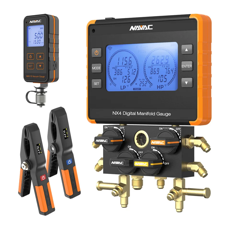 Đồng hồ nạp gas điện tử 4 van NAVAC NX4V NEXUS kèm đồng hồ chân không và kẹp đo nhiệt