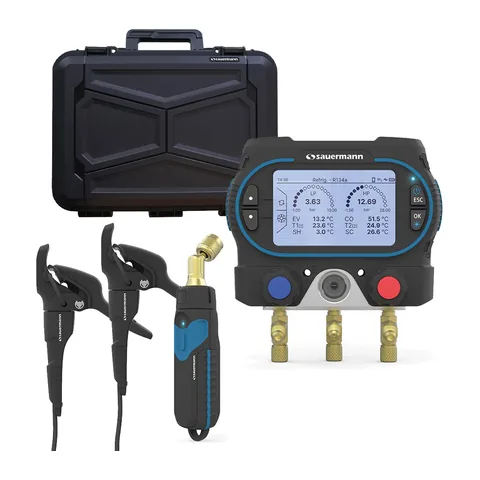 Đồng hồ nạp gas điện tử thông minh Sauermann Si-RM350 2 van, kẹp nhiệt có dây, đầu đo chân không, hộp cứng