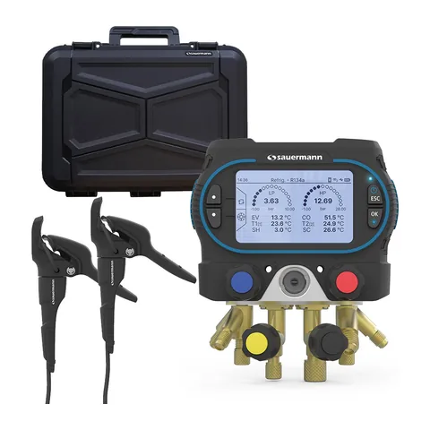 Đồng hồ nạp gas điện tử thông minh Sauermann Si-RM450 4 van, kẹp nhiệt có dây, hộp cứng