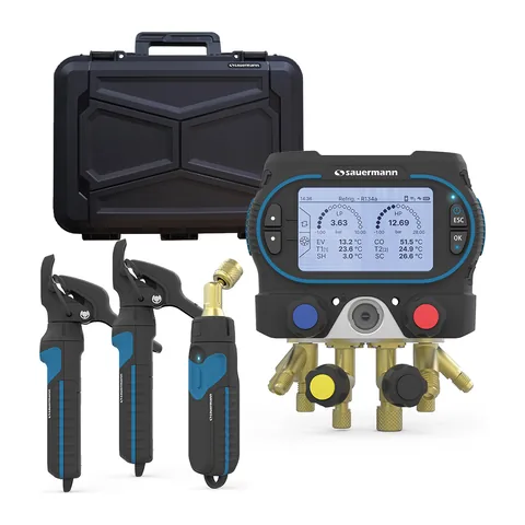 Đồng hồ nạp gas điện tử thông minh Sauermann Si-RM450 4 van, kẹp nhiệt không dây, đầu đo chân không, hộp cứng