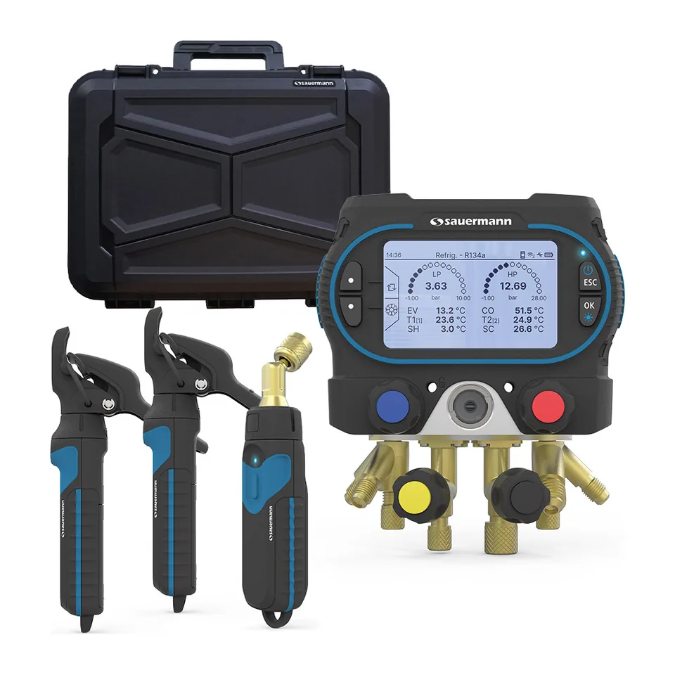 Đồng hồ nạp gas điện tử thông minh Sauermann Si-RM450 4 van, kẹp nhiệt không dây, đầu đo chân không, hộp cứng