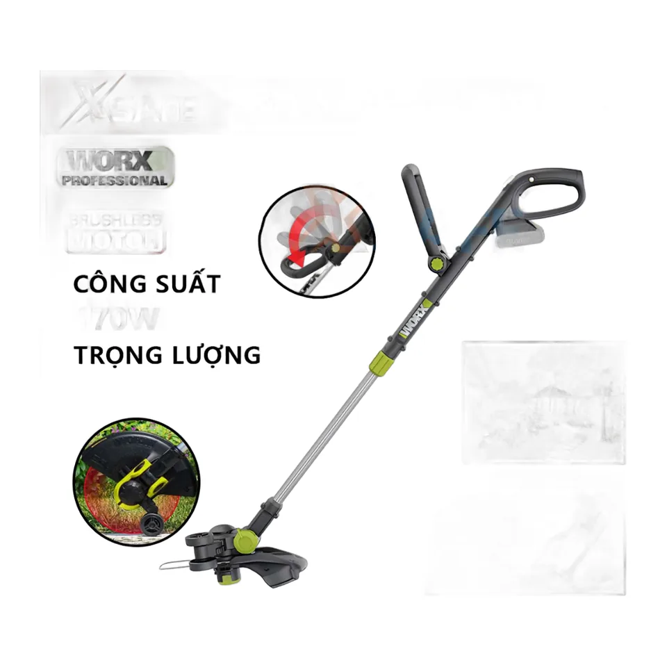 Máy cắt cỏ dùng pin WORX WD163 20V Cắt cỏ lưỡi cước không chổi than khối lượng 2.5kg khóa an toàn - Chính hãng