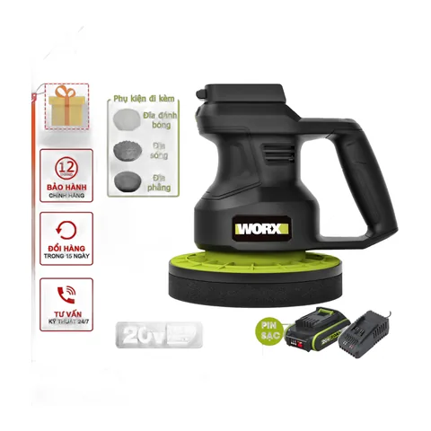 Máy chà nhám không chổi than dùng pin 20V WORX WU858.9 đường kính 180mm