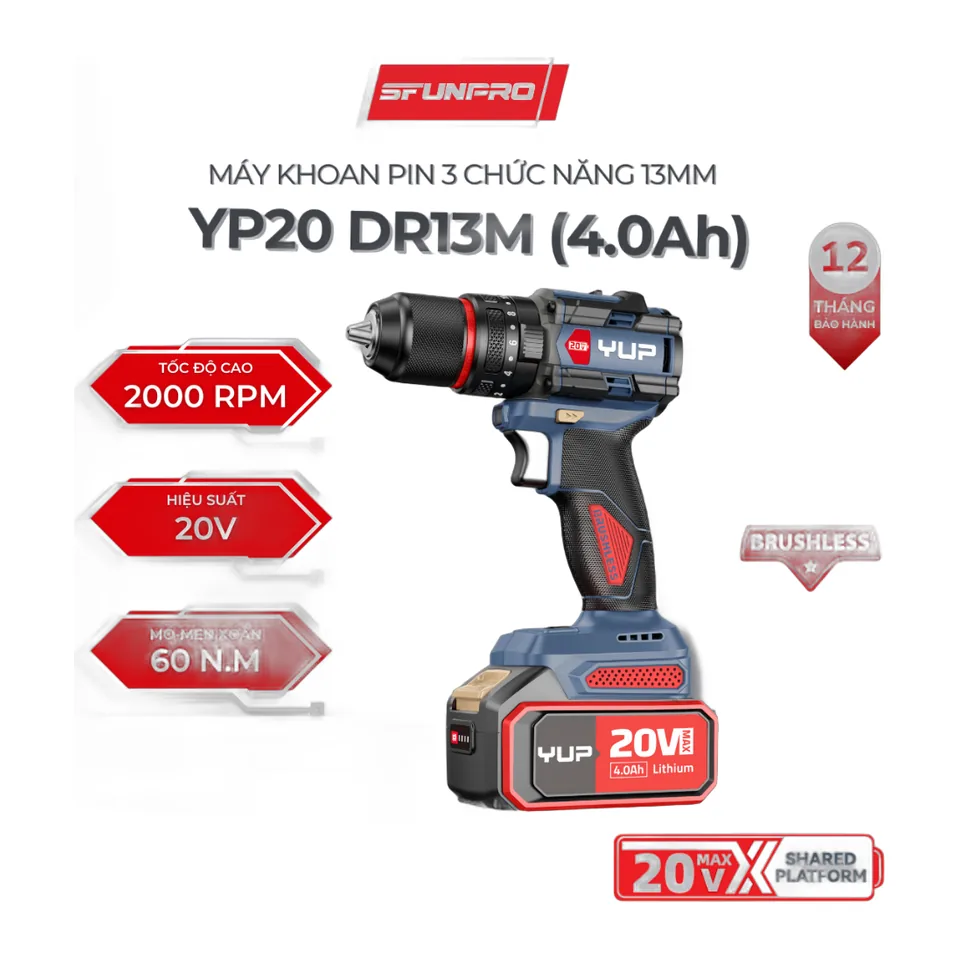Máy Khoan Pin YUPAI YP20 DR13M 13MM 3 Chức Năng Bản 2.0A (full bộ pin 2ah) - Full bộ pin 2ah