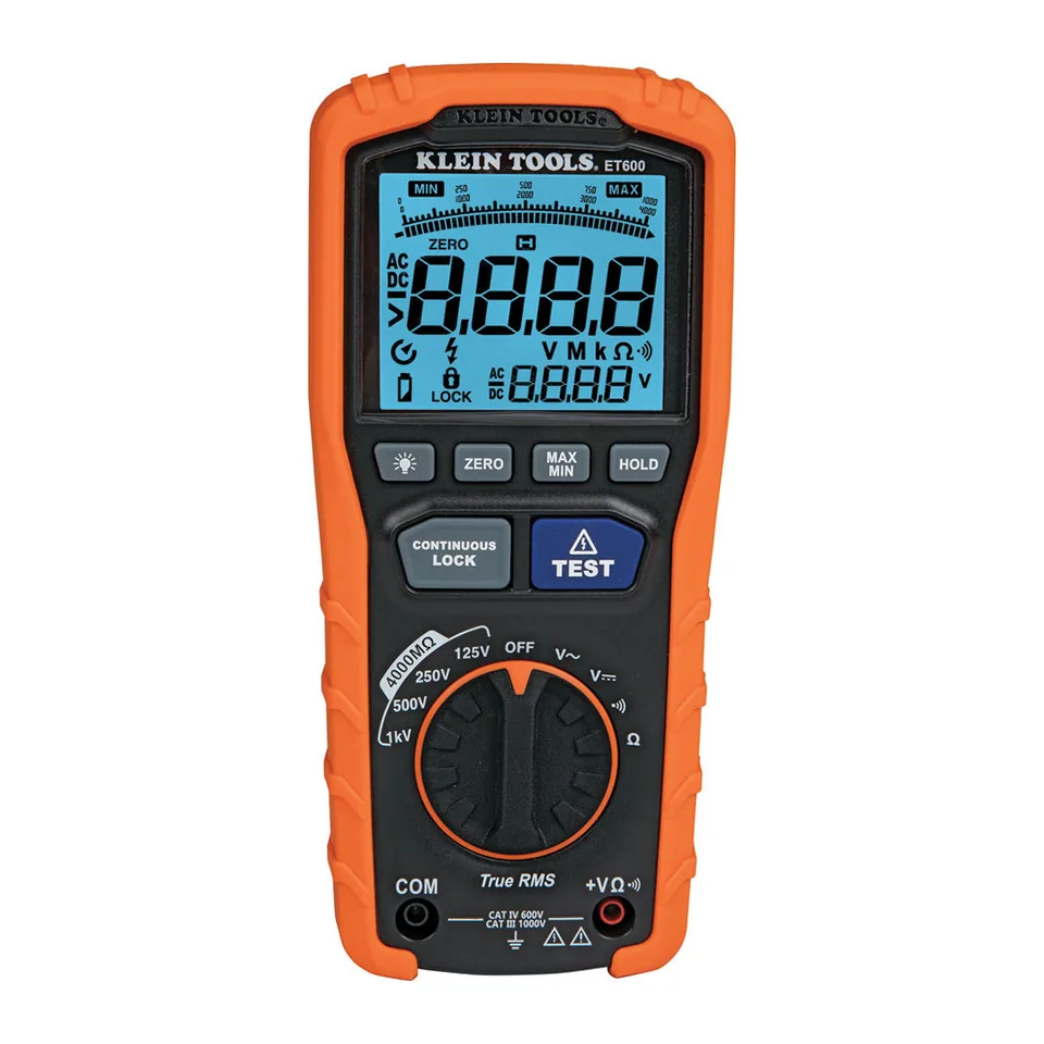 Megomet Klein Tools ET600 đo cách điện đến 4000 MΩ ở 125V/250V/500V/1000V DC, kiêm đồng hồ vạn năng True RMS