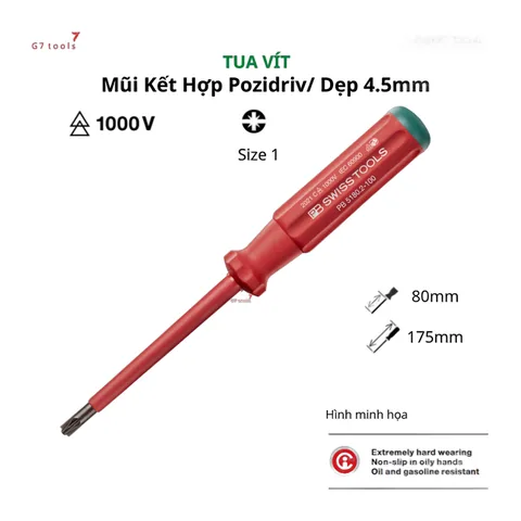 Tua Vít Mũi Kết Hợp PZ & Dẹp Size 1 Mở Ốc CB, Ốc Cơ Khí PB Swiss Tools 5180.1-80