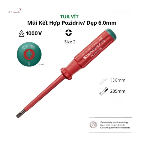 Tua Vít Mũi Kết Hợp PZ & Dẹp Size 2 Mở Ốc CB, Ốc Cơ Khí PB Swiss Tools 5180.2-100